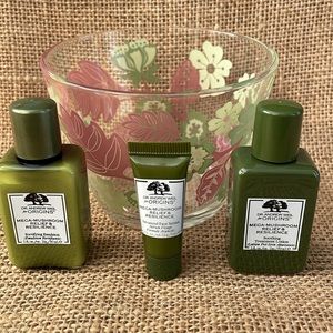 NWT Origins 3-piece Mega Mushroom Set in floral small glass bowl including serum